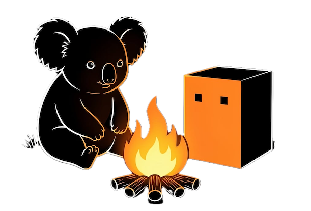A koala and an AI agent around a campfire